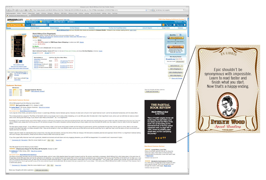CONTEXTUAL BANNER AD on a timed transition. First frame reads: Fans of Folett’s weighty tomes will surely enjoy this
epic follow-up to the widely acclaimed "Pillars of the Earth". But as
fascinating as the intertwined lives of the four central characters were, by page 422 out of 1,024, I knew my plodding pace would keep me from completing the journey.” – The Partial Book Review