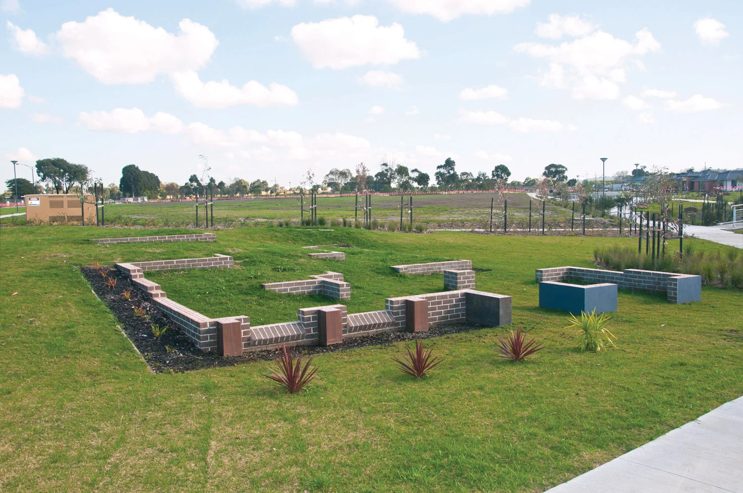   Within Foundations  (Beth Arnold and Sary Zananiri, 2012)  VicUrban public art commission. Bricks, porcelain tiles, render and plantings.           Location: Eastern Pocket Park, corner of Bridge Road and Celestine Drive, Officer, Victoria, Austral