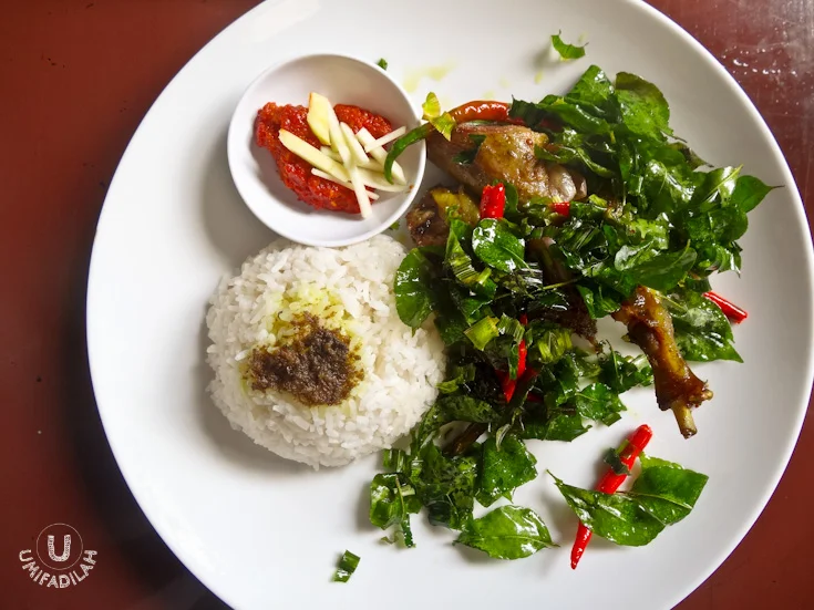 Bebek Tangkap (IDR 40.000). If they serve Ayam Tangkap with a hearty bowl of pounded cassava leaves, Bebek Tangkap, on the other hand, is accompanied by the OMFG delicious duck gravy and sambal with fresh slices of sour mango. WINNING DISH!