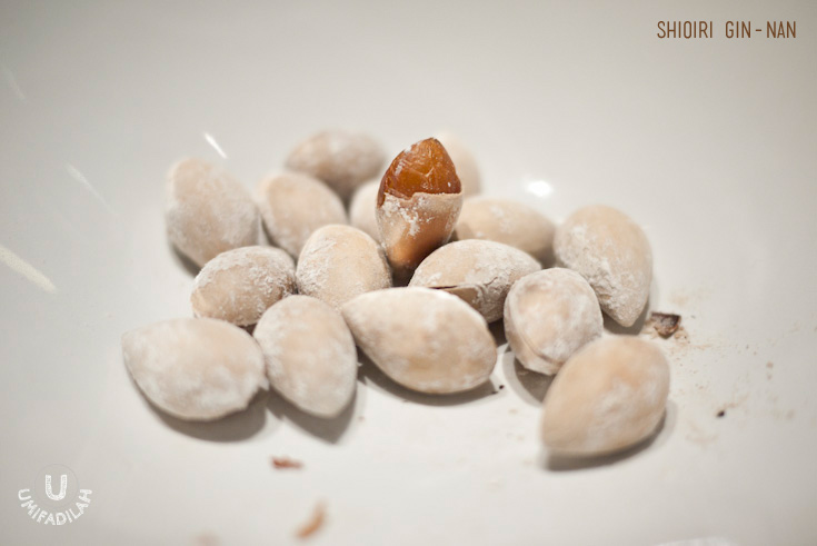 Shioiri Gin-Nan |
Roasted Ginkgo Nuts (IDR 43k) – I wasn’t sure if I tasted ginkgo nuts
before, what I know for sure is that Ginkgo (or Gingko) as in Ginkgo Biloba , have
medicinal and aphrodisiac properties that is good for your brain memories, if
eaten regularly and at sufficient quantity. For Japanese, apparently roasted
and salted ginkgo nuts is a popular Izakaya (Japanese bar) snack. What I tried at
Sumiya was really tasty. The ginkgo(s) have an outer shell almost like
pistachio, but the insides are quite soft like chestnuts and sometimes a little
bit bitter. If you make a trip to Sumiya make sure this is on your list. Try
their Roasted Ginkgo on A Skewer instead!