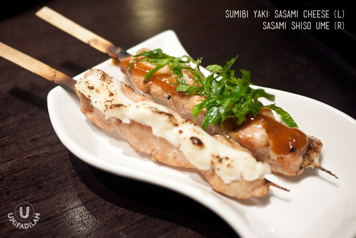 Sasami Cheese (IDR
16k, on your left) – Grilled chicken breast, with cheese. A good type of cheese. And
juicy breast chunks seasoned with Himalayan salt. Can you ask for a better one?
I don’t think so.
Sasami Shiso Ume (IDR
16k, on your right) – Grilled chicken breast, now with sour plum and thinly sliced herbs
on top to neutralize the flavor, I guess. I never had any problems with sour
plum, so this one was a nice addition to the chicken breast.
