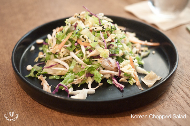 Korean Chopped Salad (IDR 35k) - Napa cabbage, radicchio, papaya, bean sprout, lentil and black sesame with fried spring roll pastry with soy dressing. Can you tell from the description and photo above that it's full of distinct flavors that just work really great together? Although I think maybe some additional protein won't hurt.