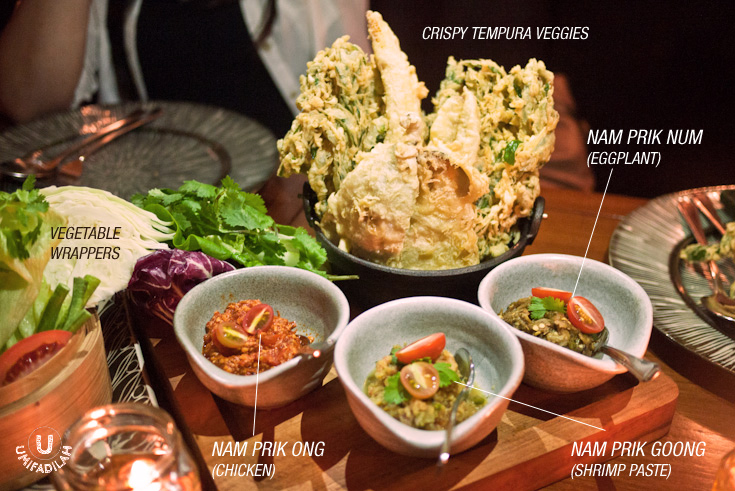 Selection of Northern Thai Relishes with “Nam
Prik Ong”, “Nam Prik Goong”, “Nam Prik Num” and Crispy Tempura Vegetables (IDR
125k). What’s being “tempura-ized” in English is what the locals call
‘Gorengan’ in here. And it’s the staple food of our nation’s street-food so I
guess we won’t be complaining at all having all of these. Crispy water-spinach,
mushroom, and white fish were accompanied with 3 different relishes originated
from Northern Thailand: Nam Prik Ong
(chicken & tomato), Nam Prik Goong
(dried shrimp, chili & lemon), and Nam
Prik Num (eggplant & green chili). The 1st one has the
mildest flavor from the tomatoes, whereas the 2nd relish really
awakens your taste bud with more heat and sour kick. The 3rd relish
is great too but I personally love Nam Prik Ong & Goong best. Be easy on
eating these because it came on a huge portion so you might get full already
before the main course even came. Perfect for sharing up to 4 people.