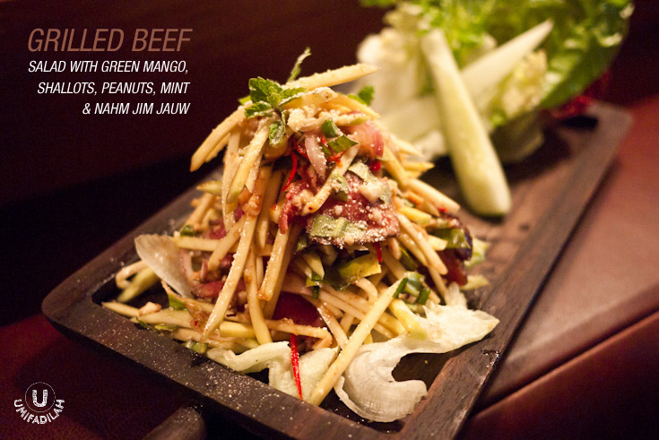 Grilled Beef
Salad with Green Mango, Shallots, Peanuts, Mint and Nahm Jim Jauw (IDR 90k). Now this, this is something
I would strongly recommend. It’s by far the BEST Thai Grilled Beef Salad I’ve
ever had, with no exaggeration. The beef was slow-cooked before being
pan-seared and sliced thinly, leaving the inside still pink-ish but not-at-all
chewy. It’s a delicate interplay between the sourness & crunch from the
mangoes, the juicy beef, peanuts, mint, and any other ingredients that made
this dish really stood out that night. It’s the kind of Asian salad that I’d
prefer over any kind of typical western salad. But also beware if you can’t
handle the heat, then you might find this dish too overpowering.