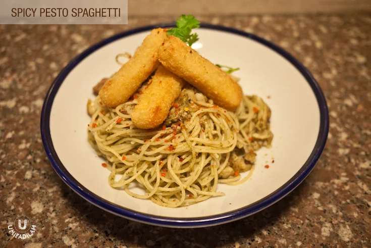 Spicy Pesto Spaghetti. I used Fiesta's Seafood Stix for this.