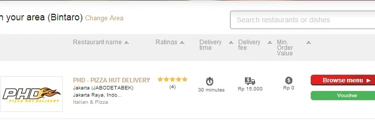 Usually you will see PHD right at the top of the list. Please note that it charges Rp 15.000,- delivery fee. Click on Browse menu to continue to next page.