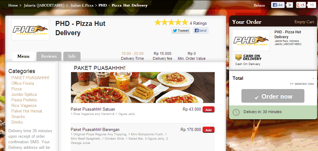 Under the 'Menu' tab, you can pick which items to order, once you're done, click 'Order Now' . Please note that the minimal purchase to use this voucher is Rp 75.000,-