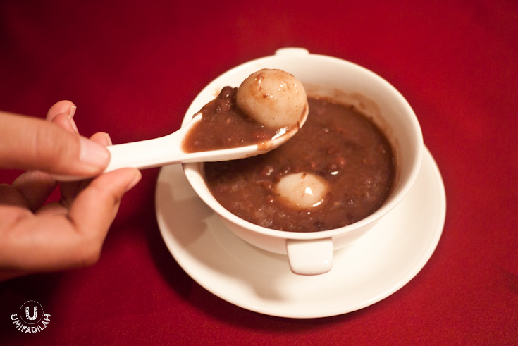 Some kind
of red bean soup with glutinous rice balls. Warm dessert