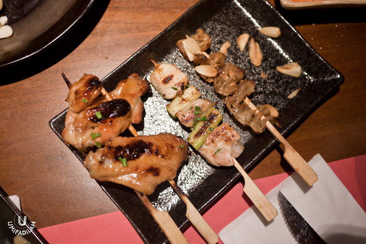 From left
to right: Tebasaki IDR 12.000
(grilled chicken wings), Salty Yakitori,
Tori Kawayaki IDR 12.000 (grilled chicken skin). Great succulent wings!