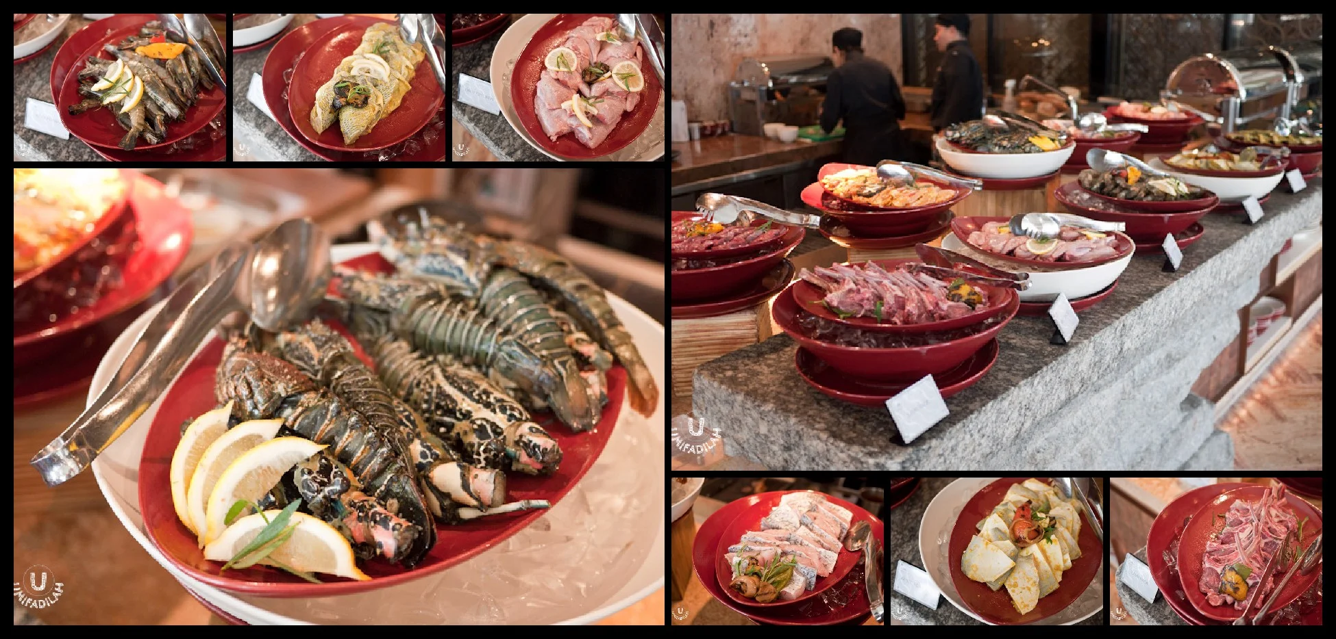 Collage of the Western Hot Grill Station, featuring Australian Tenderloin Grain Feed 120 days, Australian Lamb Chop, Baby Chicken, Wild Indonesian Sea Bass, Tiger Prawn, Canadian Lobster, White Pomfret, Fresh Tilapia, Red Snapper, etc. What you need…