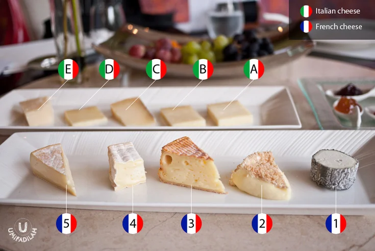 Italian
cheese (top, blur):
A – Scimut.
B – Latteria Delebio.
C – Mattusc Misto Capra.
D – Valtellina Casera Dop.
E – Parmigiano Reggano 36 month.
France
cheese (bottom):
1 – Sainte Maure De Touraine Formage de Chévre au Laite Cru.
2 – Camembert Affine au Caluados.
3 – Fermier au Lait Cru Le Granol Bornand Reblochon.
4 – Le Bon Normand Pont Leveque.
5 – Livarot de la Perelle Calvados. 