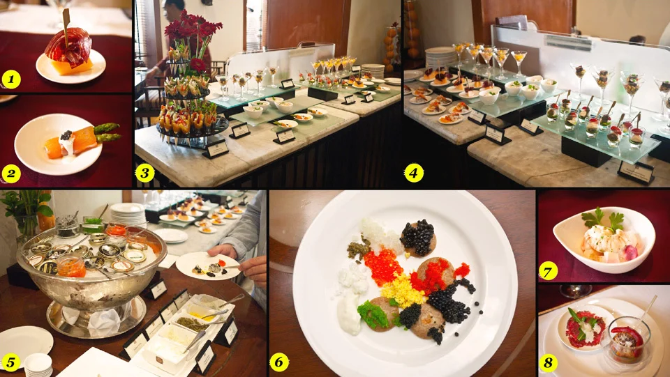 1 – “Jamon de Cava” Spanish air dried beef with Rock melon. 2 – Smoked salmon wrapped in asparagus with sour cream and caviar 3 & 4 – The complete Antipasto Buffet (served in individuals glass, platter and bowl) – including Smoked duck breast with caper mayo and figs, Wild tuna blue fin belly on rye walnut toast, Pepper Angus beef carpacio with wild mushroom and truffle mayo, Roast chicken breast with caramelized onion and walnut; and Mozzarella with cherry tomatoes and olives tapenade. 5 – Caviar Station: Calvisius caviar, Tradition, Da vinci and Caviar de Venise Salmon Caviar, Ocean trout egg, Tobiko, wheat blinis, cream fraise, chives, cooked egg yolk and white, etc 6 – Caviargasm! A plateful sample of each. I don’t think I’ve ever eaten that much caviar before. 7 – Spanish lobster with “Husaren” salad. 8 – Beef carpaccio with rucola and shaved cheese; Peppered scallop with paprika on a stick.