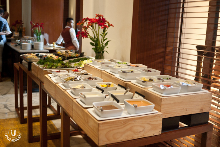 Green Garden Salad and Caesar Salad with
assorted crudités and dips such as: Garlic crouton, shaved parmesan, cherry tomatoes, smoked
salmon, grilled prawn or chicken. Dressing in stock: thousand island, balsamico,
vinaigrette, and sun-dried tomato dressing.