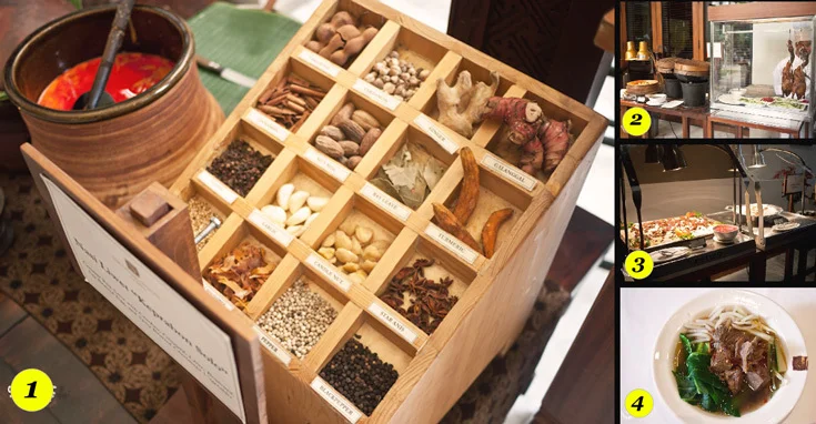 1 – From
the Indonesian Station: traditional spices used in the making of Nasi Liwet “Keprabon
Solo” , and also a separated Bakmi Jogja station in adjacent to it.
2 – Assorted homemade dimsum steamed and fried, plus Peking Duck With Chinese
pancake, cucumber, leek and Hoisin sauce.
3 – Middle Eastern favorites: Lamb “Mandi” (baked roast lamb with light saffron
rice), “Warak Enab” (minced beef wrapped in grape vine leaf) and Cheese Sambousak.
4 – From the Noodle Station: Chinese Lamian with braised beef and vegetables.