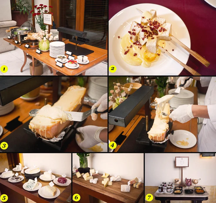 1 – Raclette & Fondue Cheese Station.
Raclette is a Swiss-style hot melted cheese usually served with baby potato,
gherkin, beef bacon, and bell pepper mixed. For the Fondue station they provide
Natural, Country and Gorgonzola cheese, day-old bread skewers and Steamed
vegetable.
2 – My first plate of Raclette Cheese with bread
skewers and bacon bits. CHEESEGASM.
3, 4 – Scraping off the melted cheese heated using special equipment. Very,
very tempting and adorable.
5, 6, 7 – Boutique cheese! Selection of AOC “Chantal” artisan cheese (over
15-20 France and Italian cheeses, superb!) and selection of fruit jam, compote
and crackers.