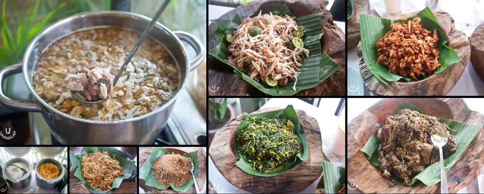 From the Nasi Campur Manado buffet (clockwise from top-left) - Oxtail soup with local beans and moringa leaves, Ayam
Kecombrang, Cakalang, Ayam Tinoransak, Tumis Bunga Pepaya, shredded smoked fish from Halmahera, gluten-free glass noodles, and selection of Nasi Kuning (yellow aromatic rice) or Organic rice menthik susu Magelang .