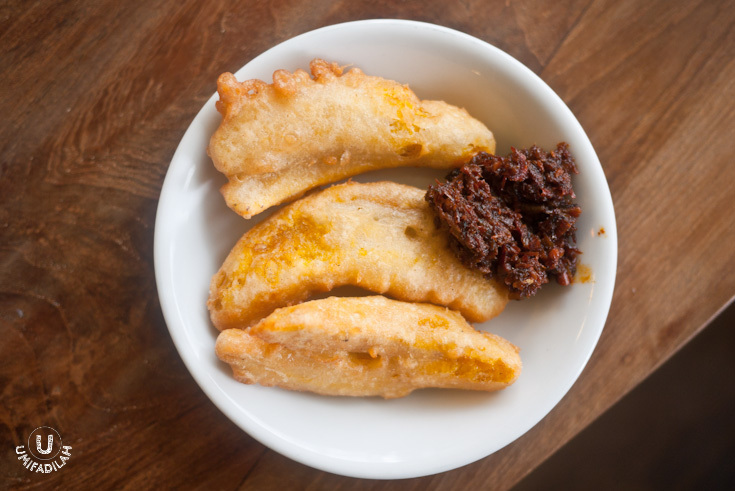 Fried Halmahera Duck Beak Banana with Smoked Roa Chili relish. (IDR 5k each)