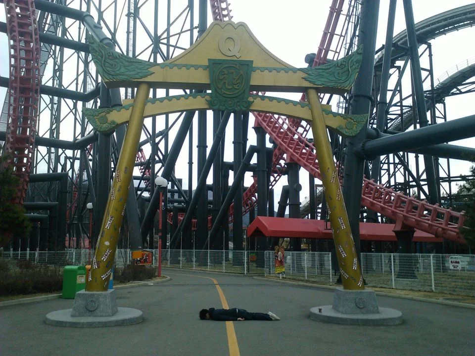 In front of the steepest roller coaster in the world, Takabisha (with a 121 degrees free fall), located in Fuji-Q Highland in Fujiyoshida, Yamanashi, Japan.