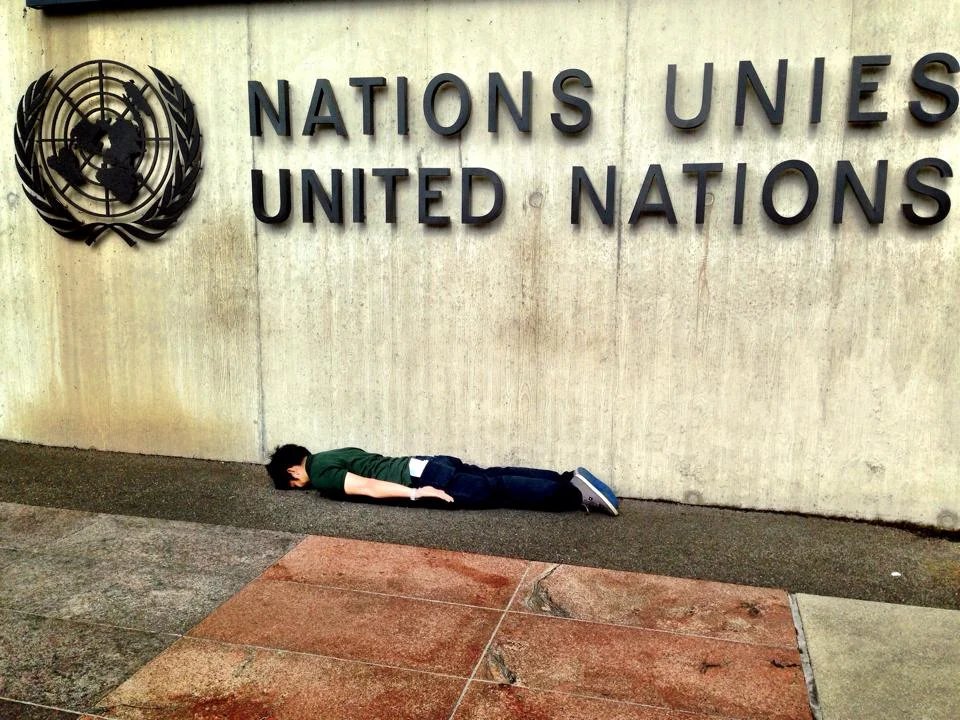 He wrote this on Facebook: "A 5 minutes plank in front of the UN. Making a statement that planking should be a part of the UN Millennium Development Goals."&nbsp;Haha, whatever dude, whatever.