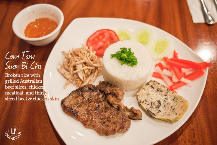 Com Tam , probably the second most popular dish after Vietnamese Pho, is basically fragrant steamed rice made with just "gao-tam" . Gao Tam a special kind of small rice grain that comes from unique three-step selection process, that eventually leaves the most nutrient part of a rice grain called "embryo". This plate I tried, consists of three accompaniments such as grilled beef slices and chicken meatloaf, and the most important element of the dish: LIGHT FISH SAUCE . One recommended way to eat it is to pour the sauces over the broken rice first and then mix everything like you're eating Korean Bibimbap. What you'll get is a unique texture and a harmony of balanced flavors as combination of sweet - sour - meaty - and the fragrant rice itself. Very nice to try.