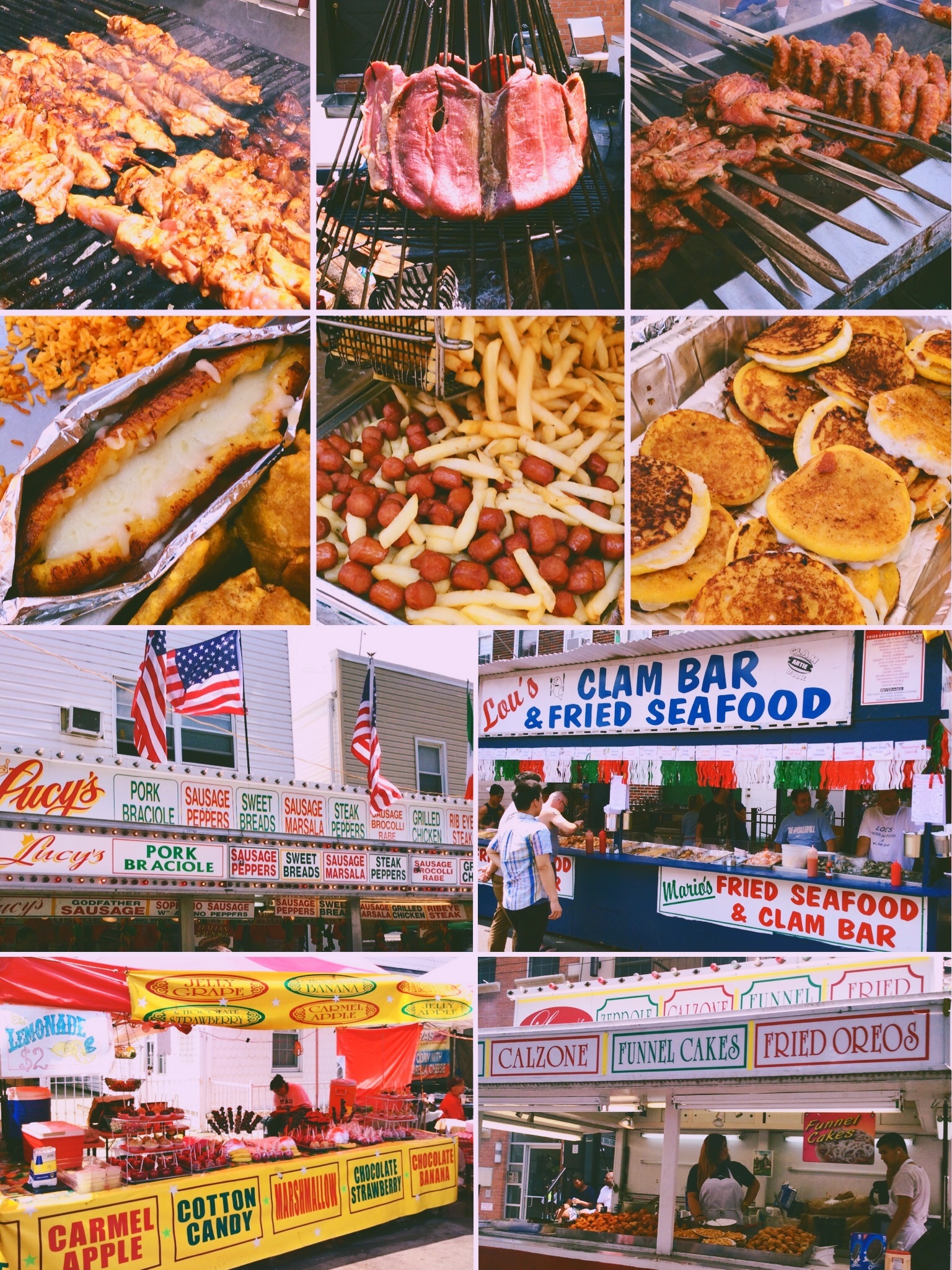 From Lou's Clam Bar & Fried Seafood, which has been serving the festival for years, and then all kinds of Italian sausages with peppers and onions, pork or beef bracciole (smoked sliced of meat), grilled chicken skewers, to the heaven for sweet tooth out there: Carmel Apple, Fried Oreos and Funnel Cakes, Zeppoles (deep fried dough ball with powdered sugar and various filling) and Calzones.