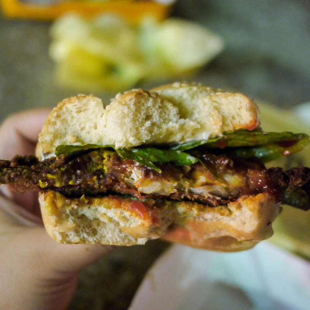 There really isn't much going here. Thick bun, one thin layer of lettuce wilted by mayo spread, and a squeezed soft-shell crab in between. Nope. Do not get this one.