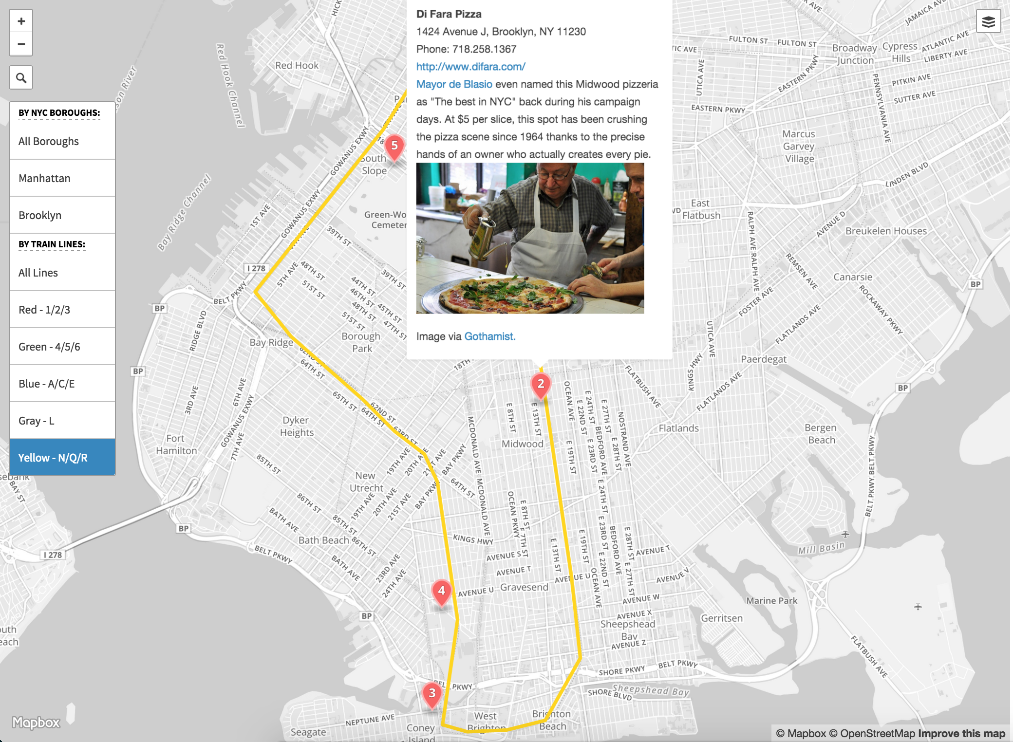 The yellow lines (N/Q/R) will introduce you to the classic old pizza scheme such as Di Fara Pizza,&nbsp;Totonno's Pizzeria Napolitana, and&nbsp;L&amp;B Spumoni Gardens.&nbsp;These all belong to my die-die-must-try list!