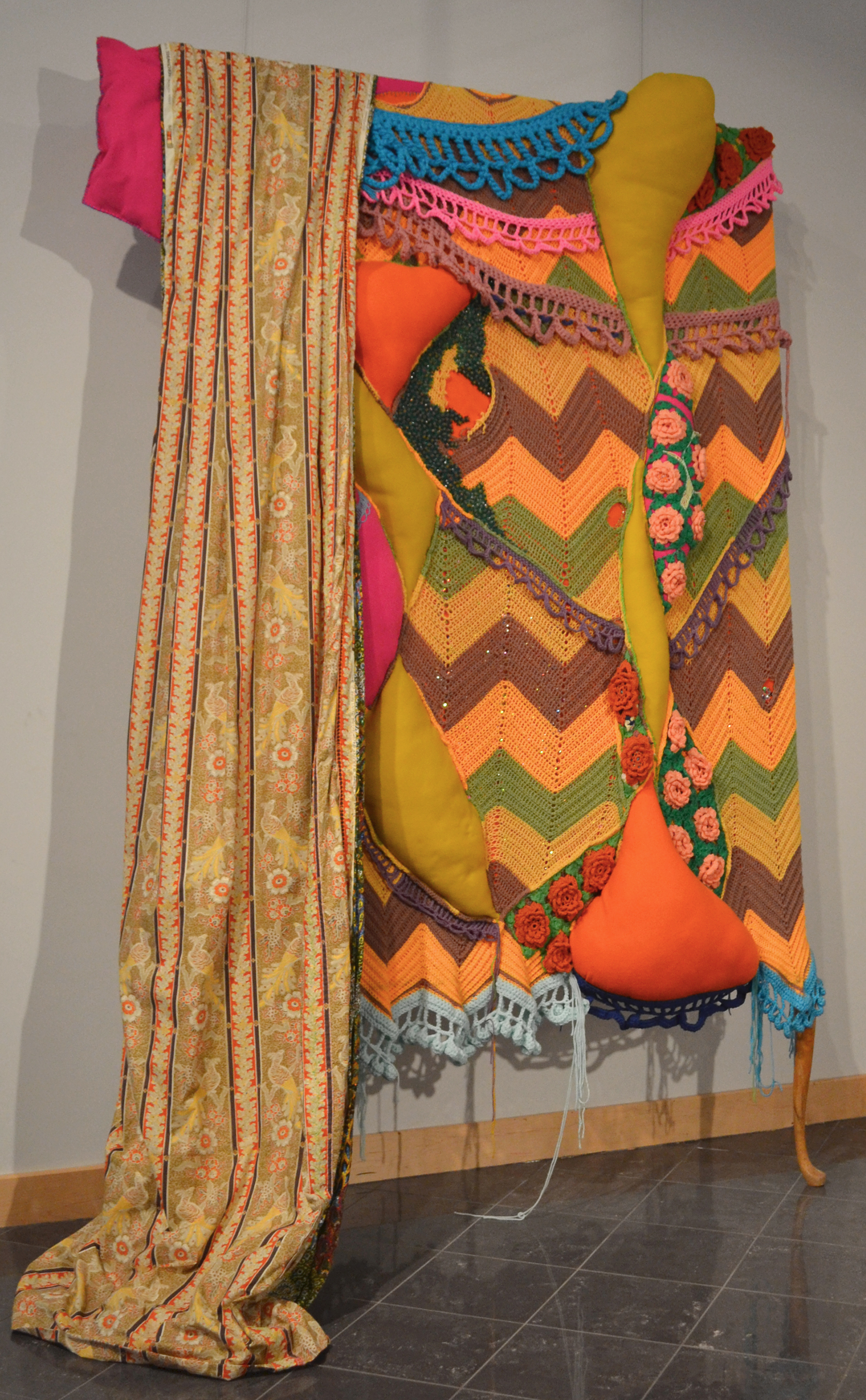 "before the shit hit the fan",2011, recovered afghans, beads, yarn, fabric, stretcher frames, sequins, table legs, 132'h x 66'w x 30"d