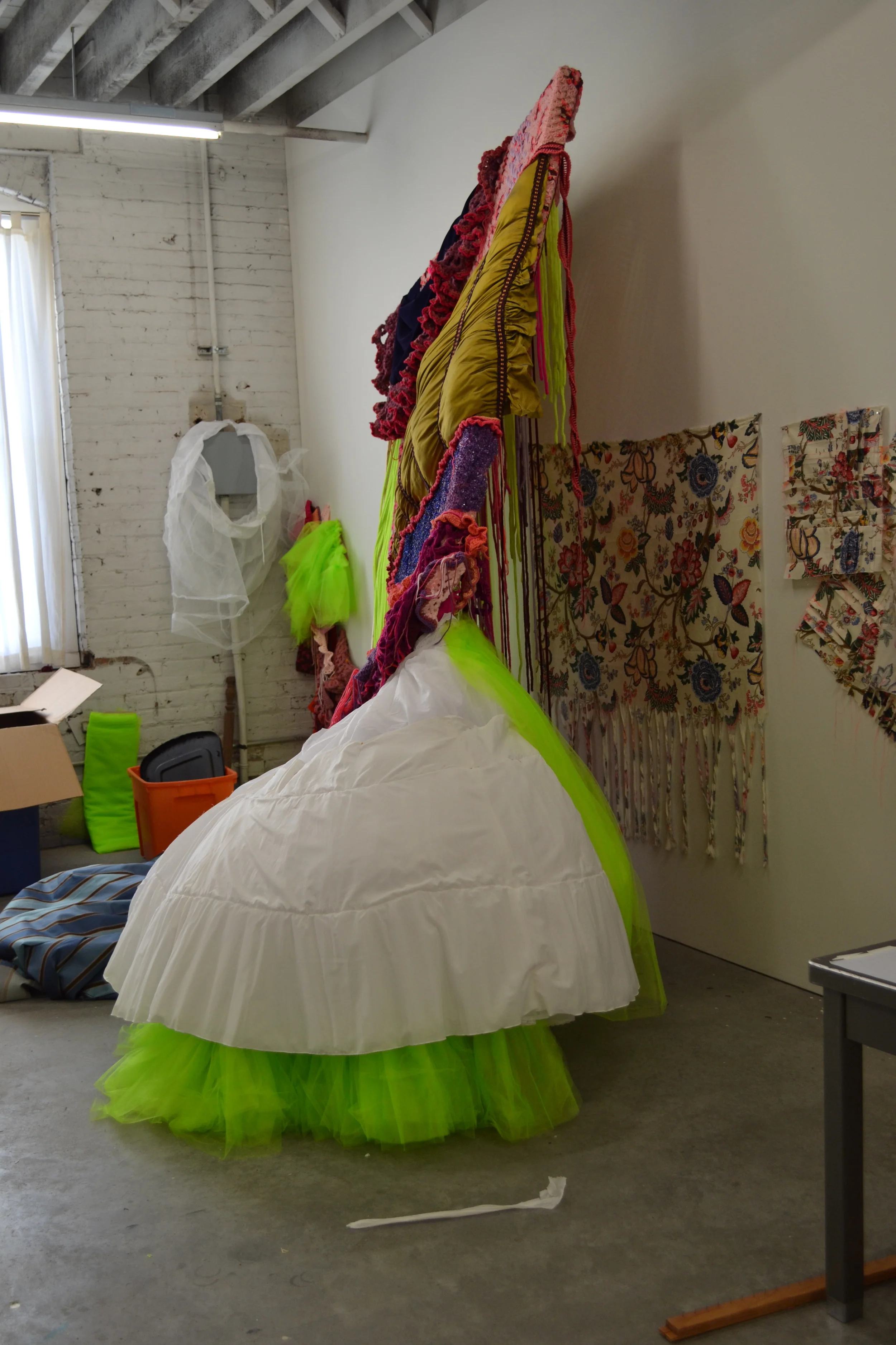 "lady of leisure" app.13hx10'wx6'd, recovered afghans, beads, acrylic yarn, fabric, stretcher frames, sequins  in the studio at Bemis Center for Contemporary Arts Omaha,NE