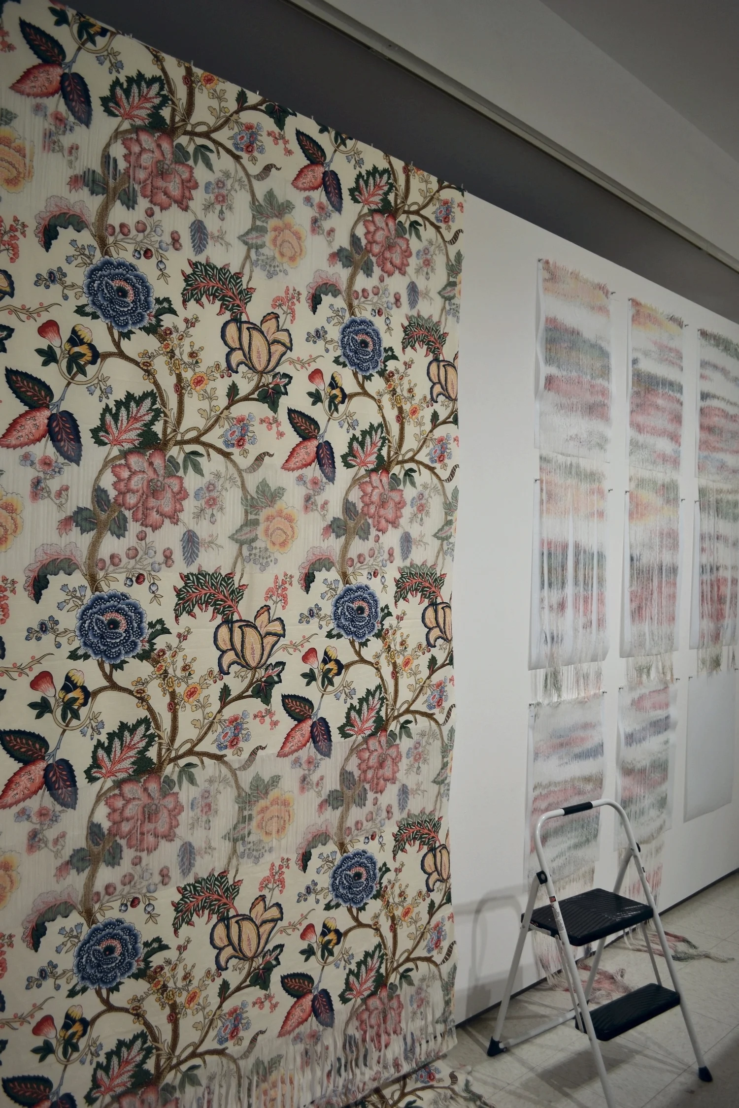 Drawn Out, 2015, ...removal of threads from machine printed cloth to make ephemeral drawings on paper...