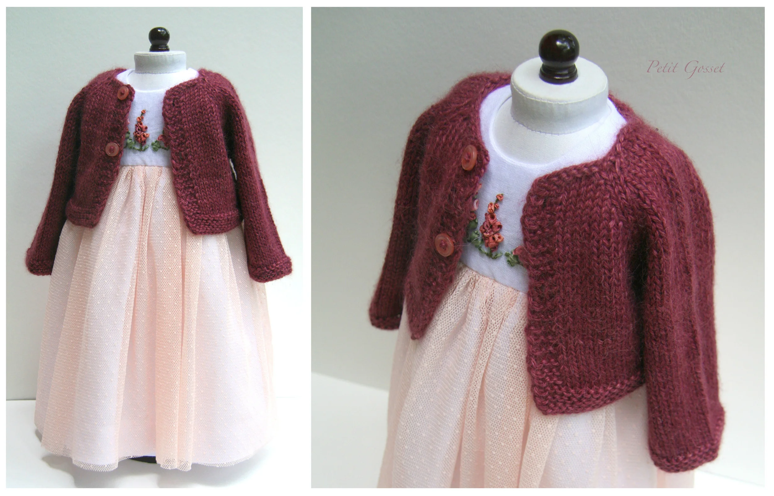 Baby alpaca and silk cardigan, designed to complement her special dress. Made to fit an 18" doll.