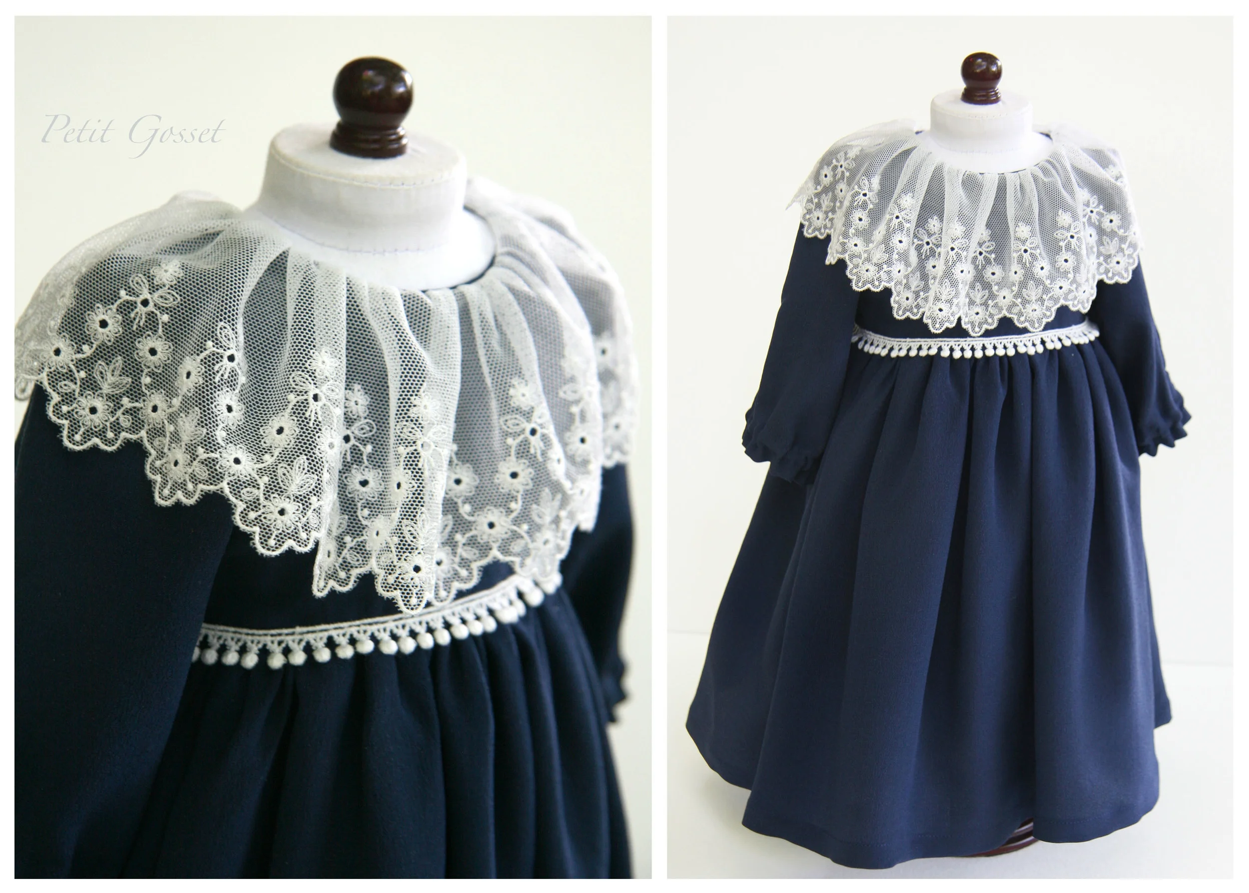Elegant and classic, crepe de chine silk dress, with an exquisite Makuba lace and two layers of underskirt, designed to fit an 18" doll.