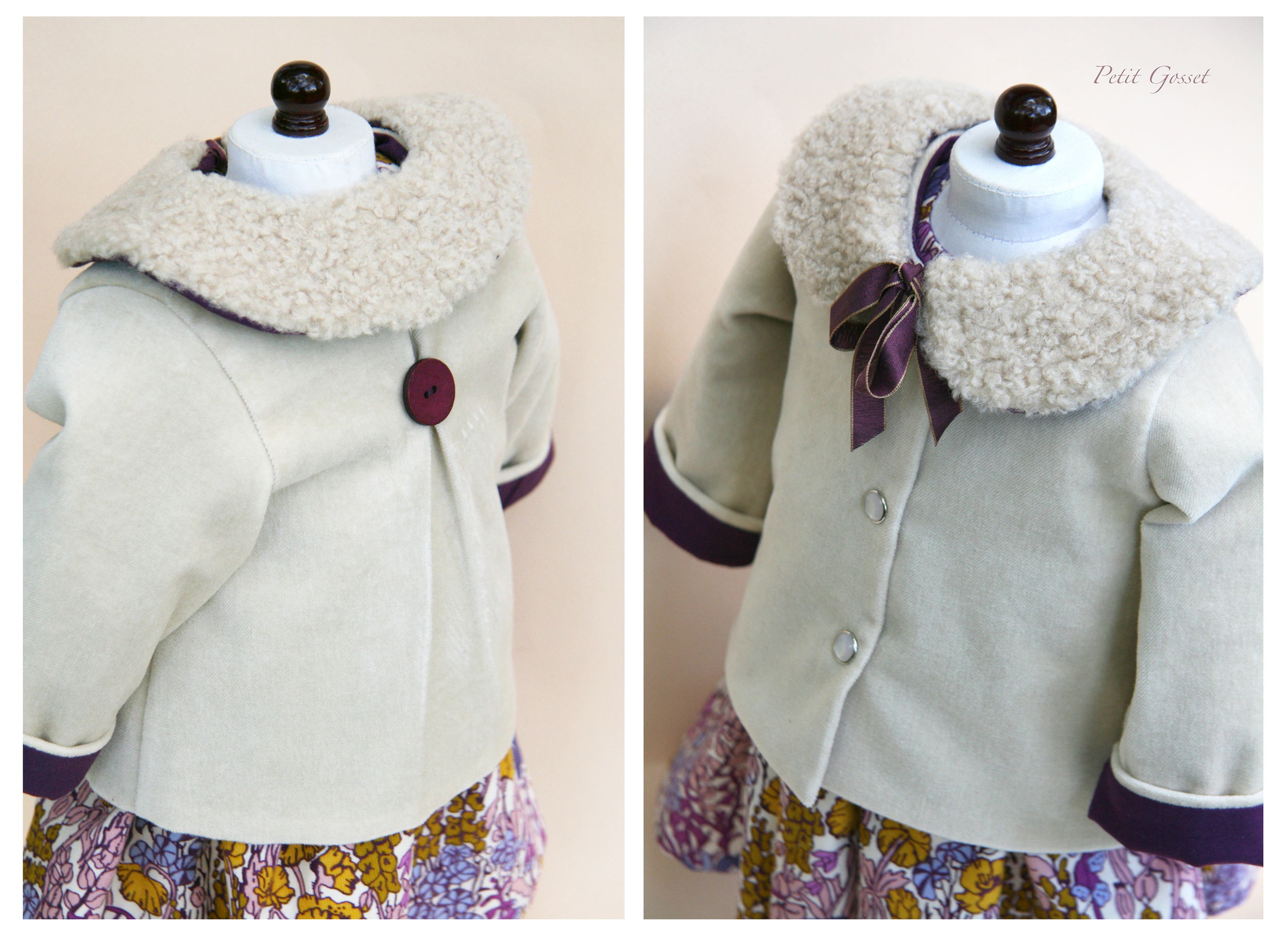Fully lined coat, made with cotton velvet and a detachable real-fur collar. The coat back features lovely coconut button.