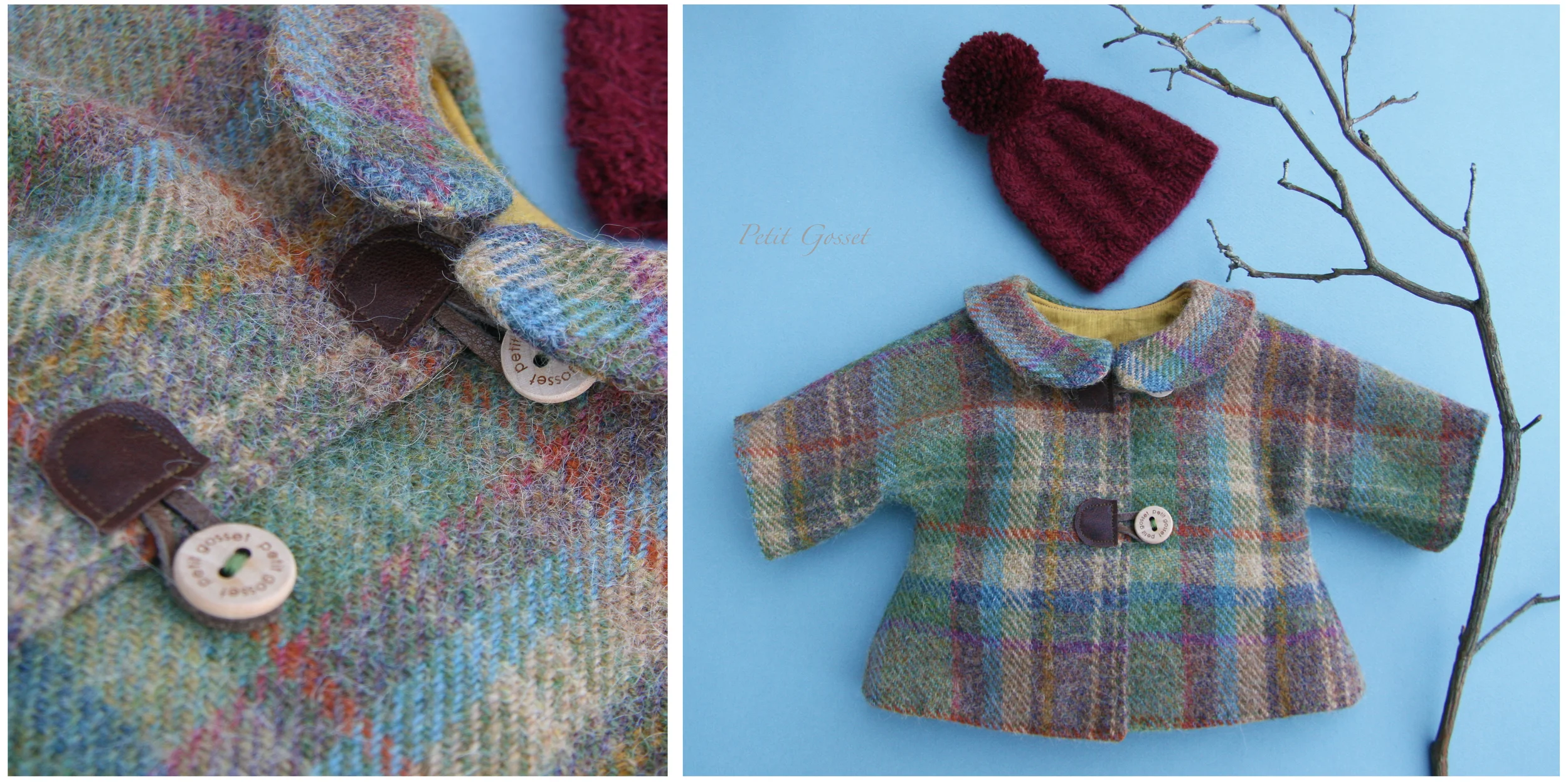 Fully lined wool coat withwooden buttons and a hand-knitted baby alpaca hat. Will fit 18-20" doll.