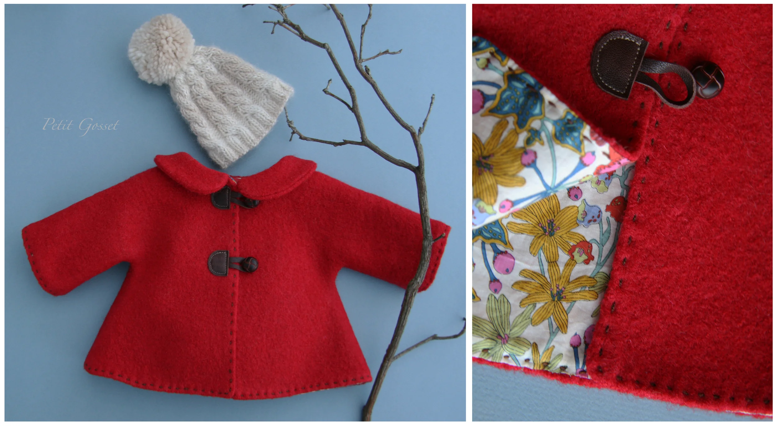 Fully lined (with Liberty of London cotton) alpaca coat with leather buttons and a hand-knitted baby alpaca hat. Will fit 18-20" doll.