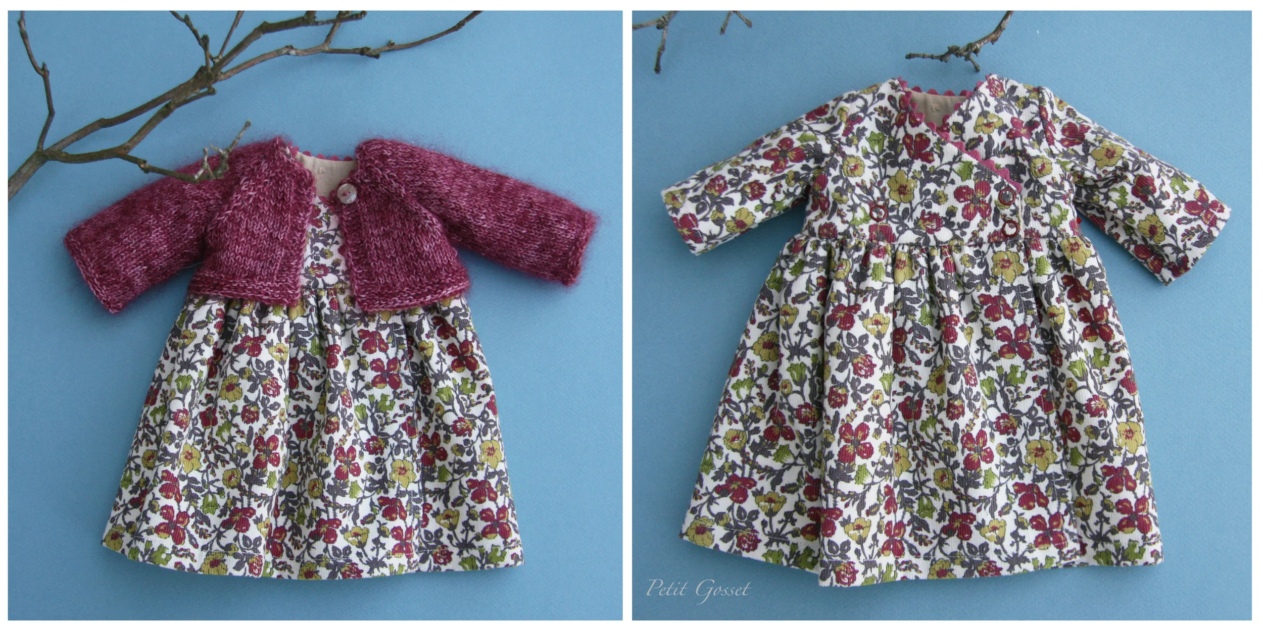 A wrap-over style dress made with a Liberty of London corduroy and a hand-knitted silk/mohair cardigan. Will fit a 16" doll.
