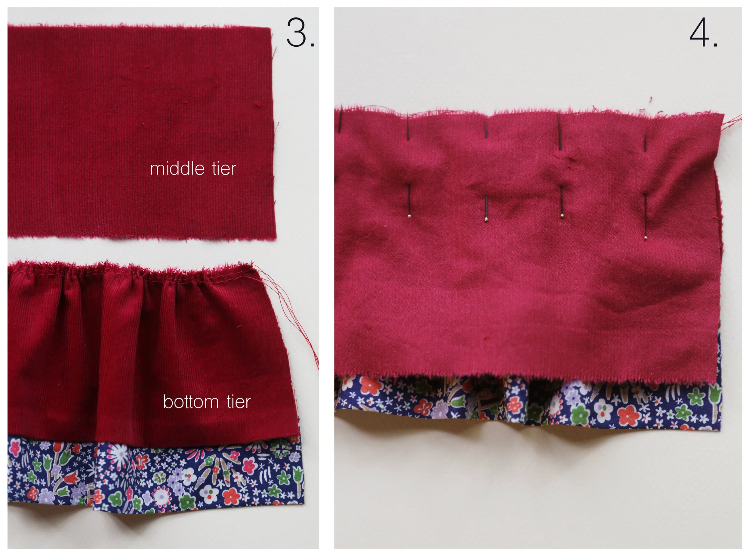 Step-by-step tutorial on how to sew a tiered skirt for an 18" doll, by Petit Gosset