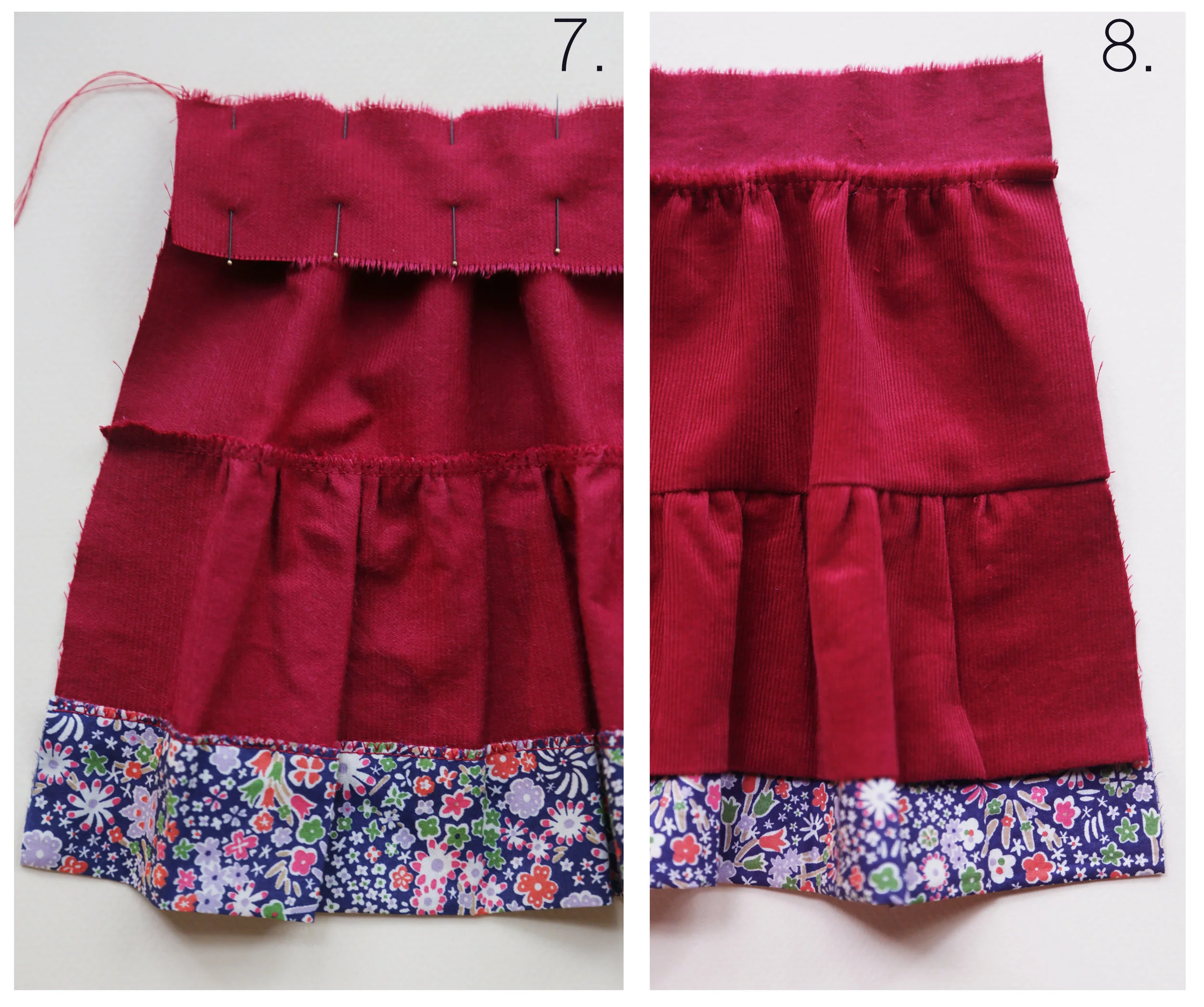 Step-by-step tutorial on how to sew a tiered skirt for an 18" doll, by Petit Gosset&nbsp;