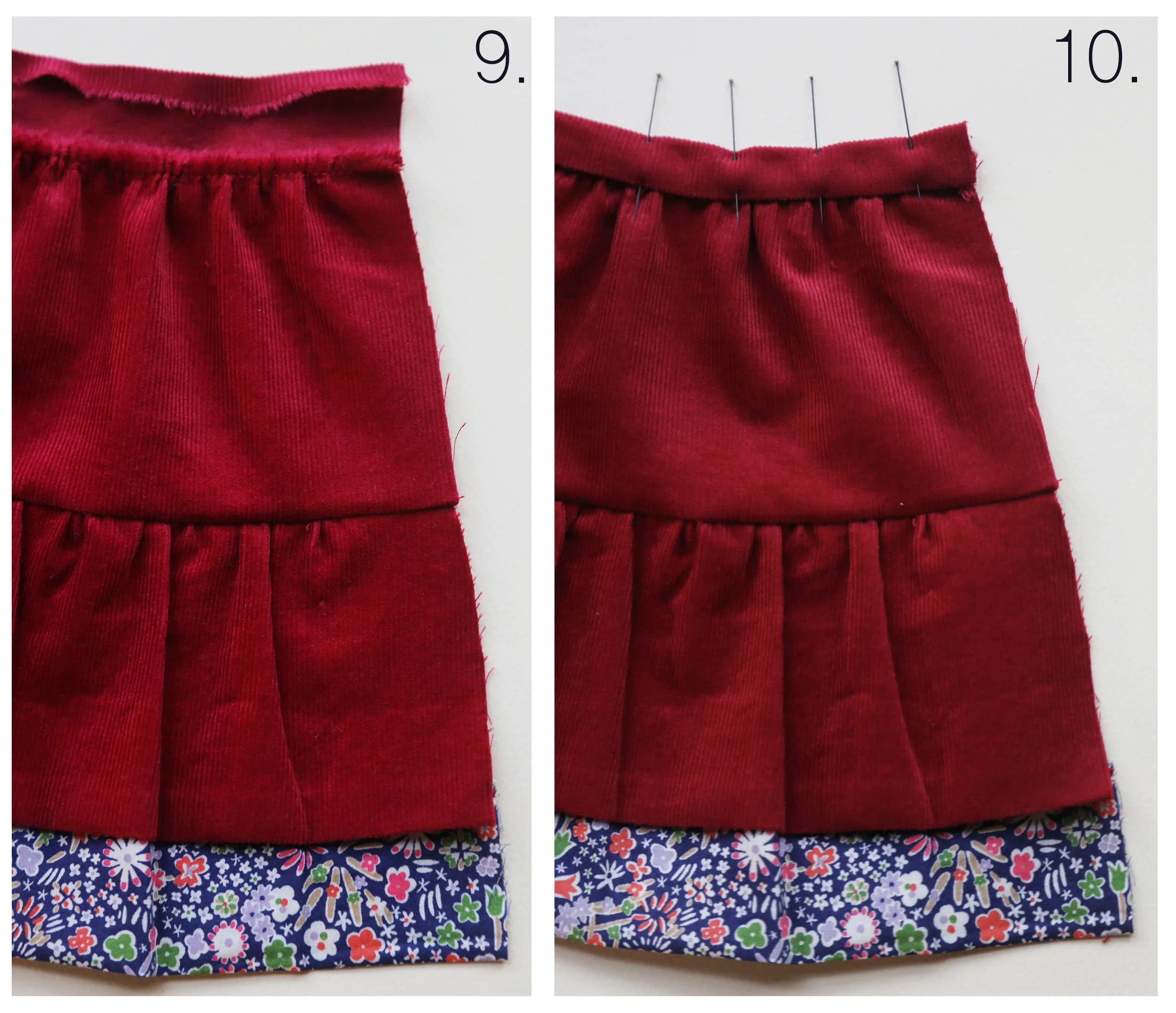 Step-by-step tutorial on how to sew a tiered skirt for an 18" doll, by Petit Gosset