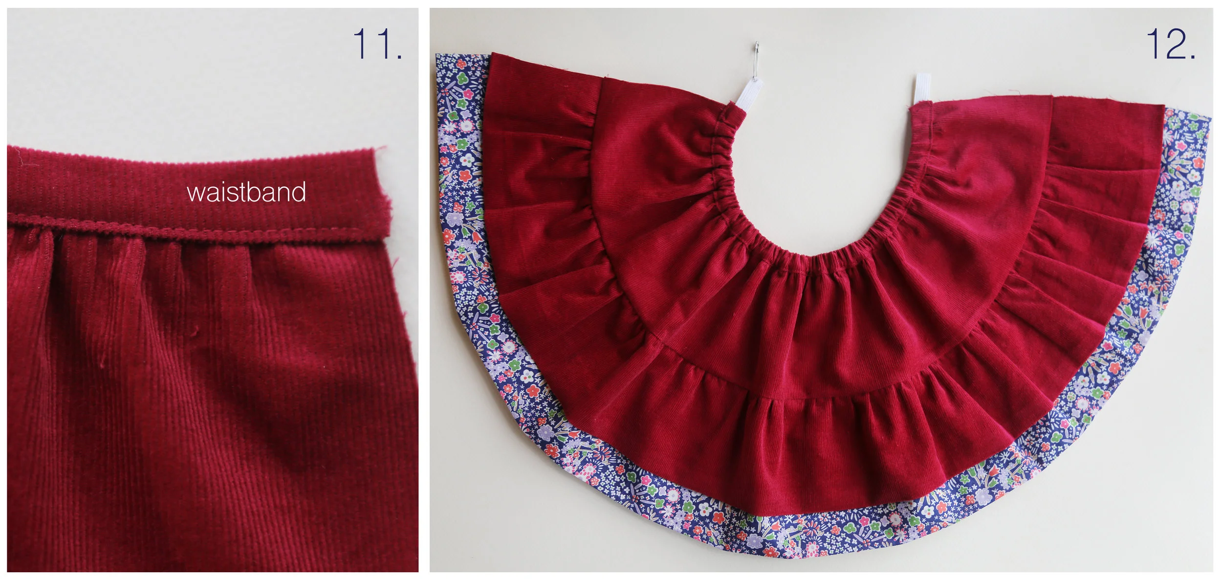 Step-by-step tutorial on how to sew a tiered skirt for an 18" doll, by Petit Gosset