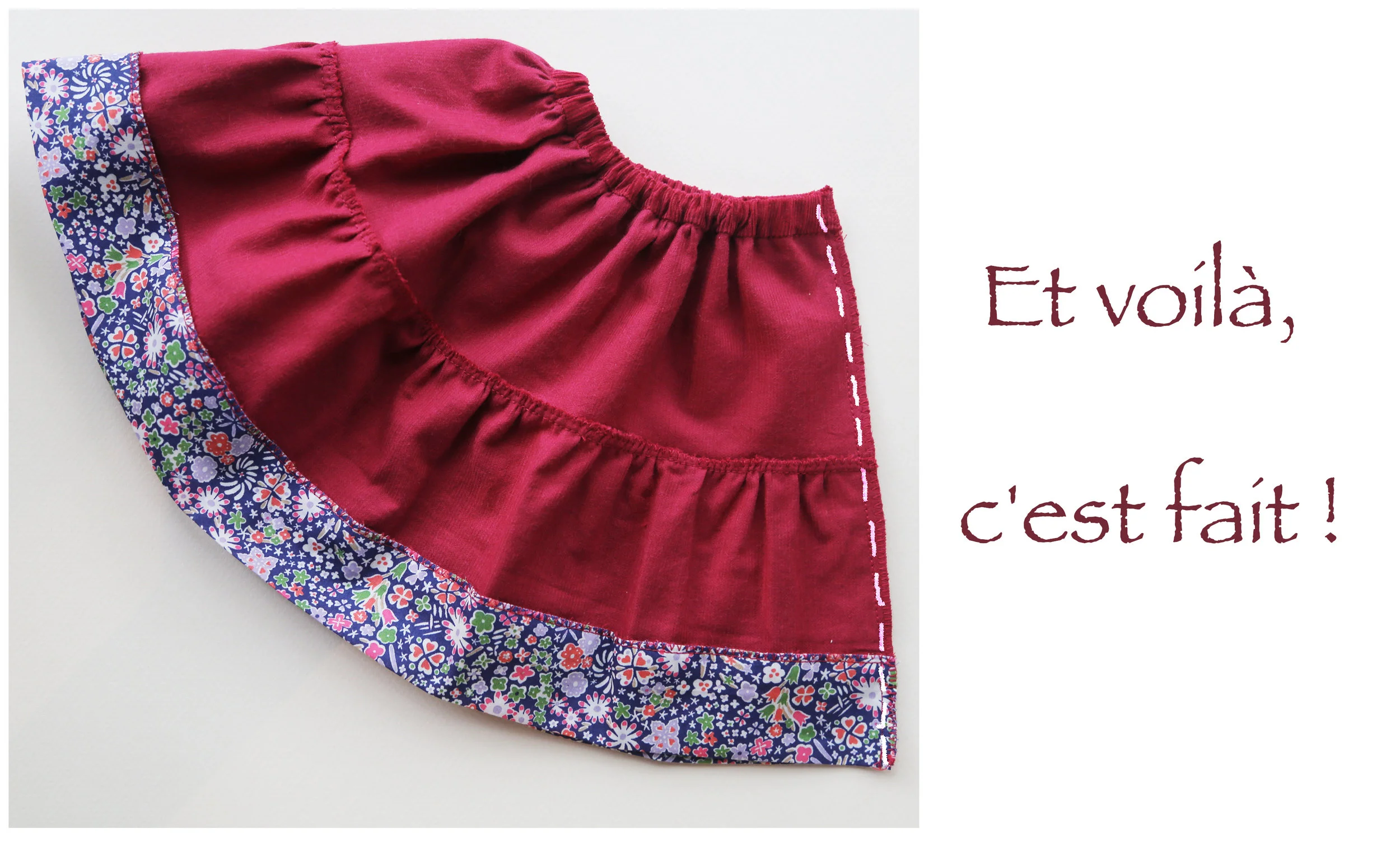 Step-by-step tutorial on how to sew a tiered skirt for an 18" doll, by Petit Gosset