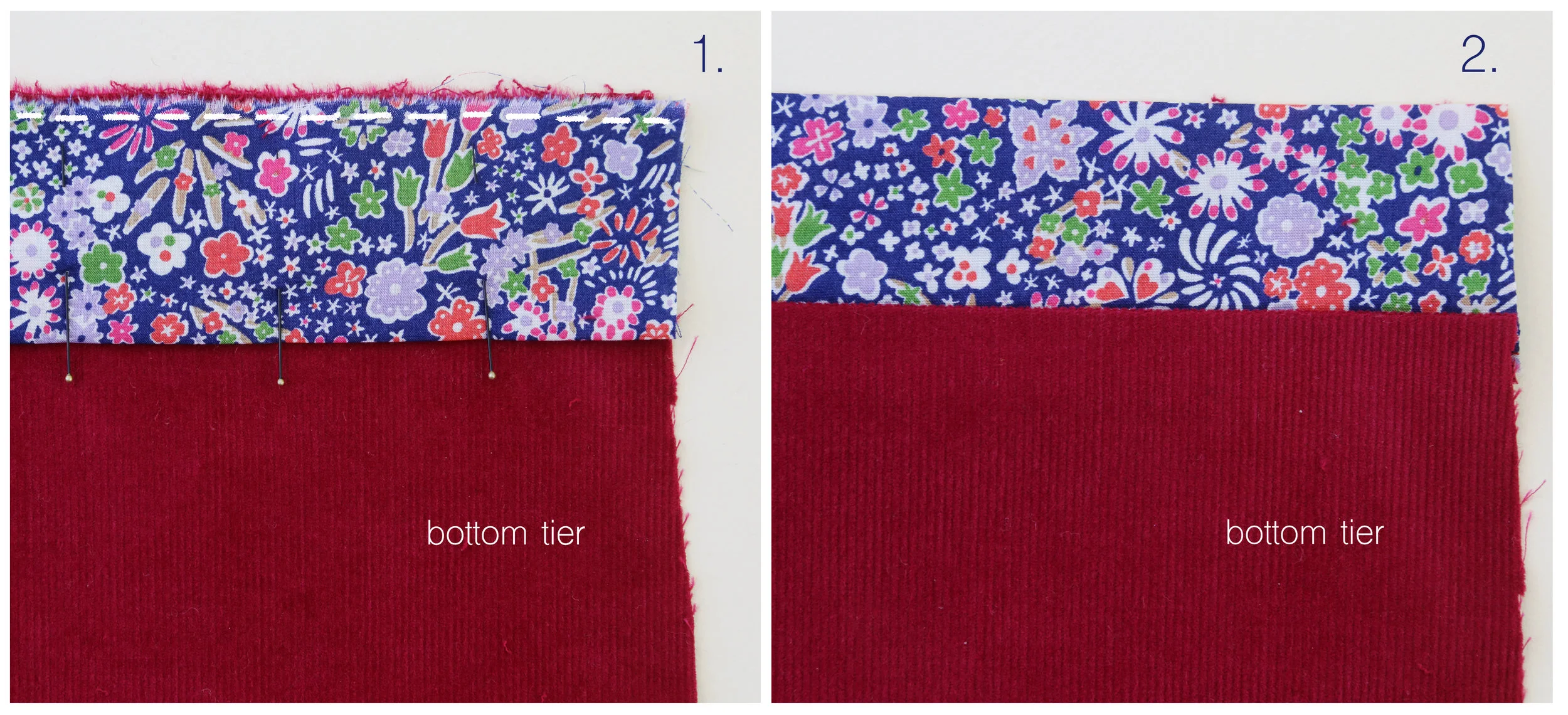 Step-by-step tutorial on how to sew a tiered skirt for an 18" doll, by Petit Gosset