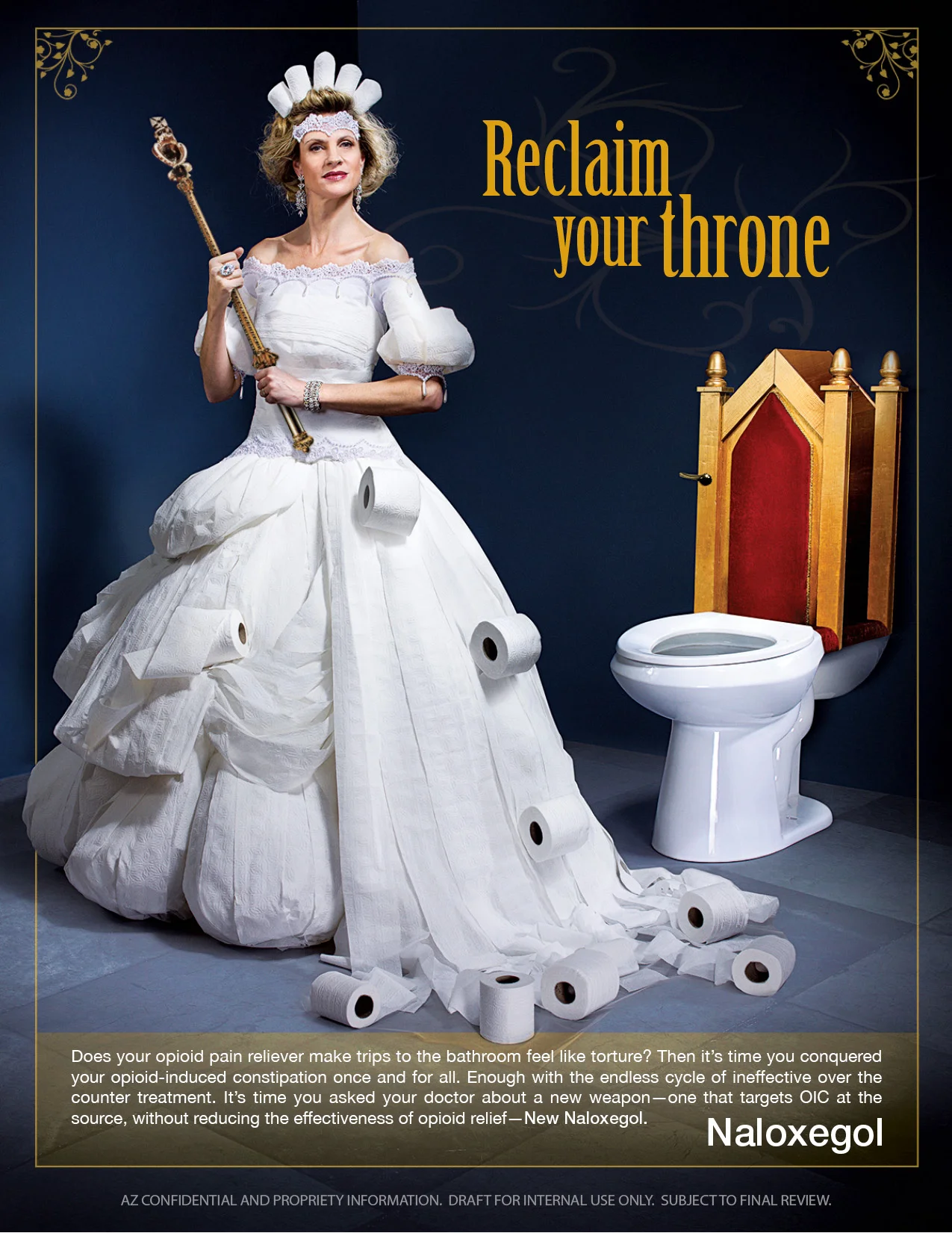   Consumer print ad for opioid induced constipation  -- For people living with OIC the simple act of going to the bathroom can be a painful and traumatic experience. We wanted to create a fun and memorable way to introduce a new treatment option that