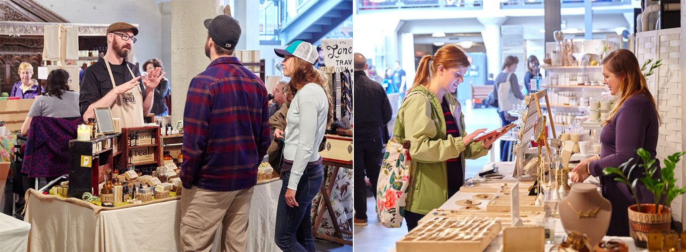 left : Shamus of Real.Soaps talks soap with shoppers // right : Michelle of Michelle Starbuck Designs completing a sale with a happy customer