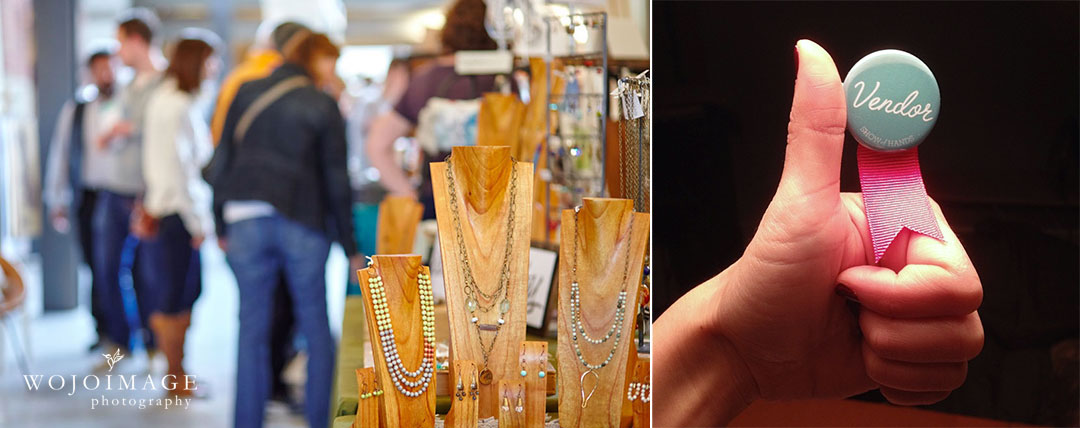 left : Simon & Ruby 's beautiful display & a crowd of shoppers (Spring 2015) // right : Tina from Tytin Jewelry showing off her Vendor Badge