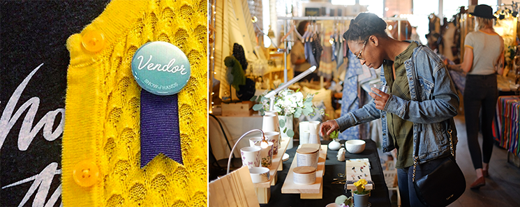 right : Jenny from Three Letter Birds showing off her Vendor Badge // left : a shopper browsing FuzedProducts booth (Spring 2018)
