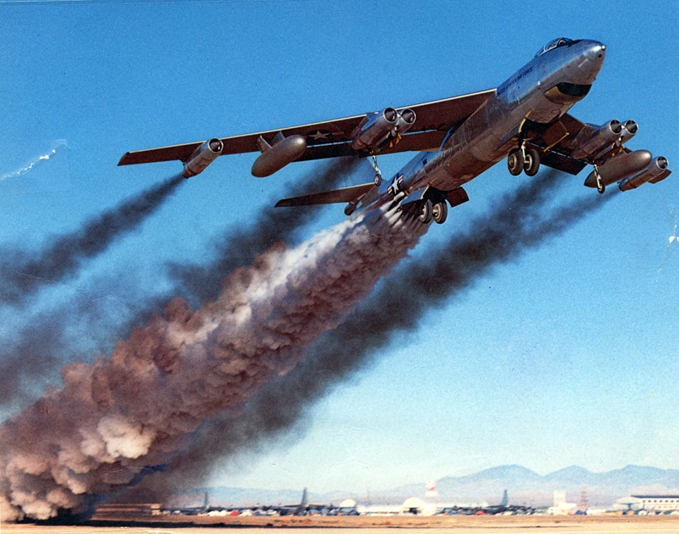 Boeing B-47B rocket-assisted takeoff, 1954 (sorry, environmentalists).)