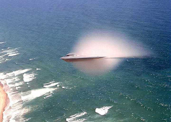 Not a cloud, not Photoshop, but the Prandtl-Glauert singularity demonstrated by a B-2 nearing the speed of sound