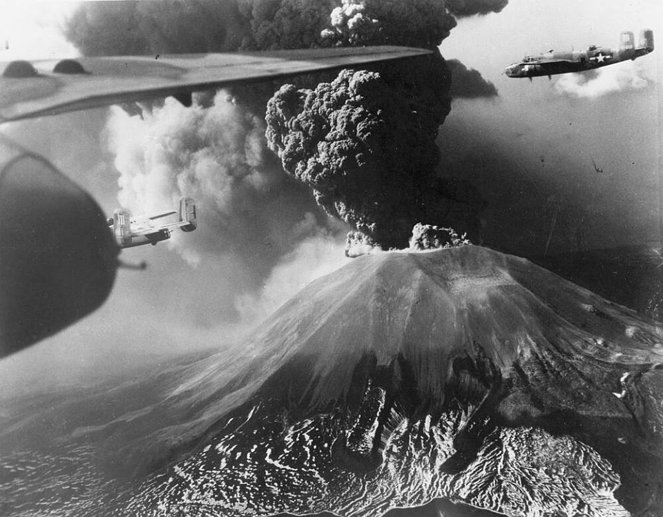 1944 photo of B-25s in Italy. If you look closely, you can see, in the bg, Mt. Vesuvius erupting.