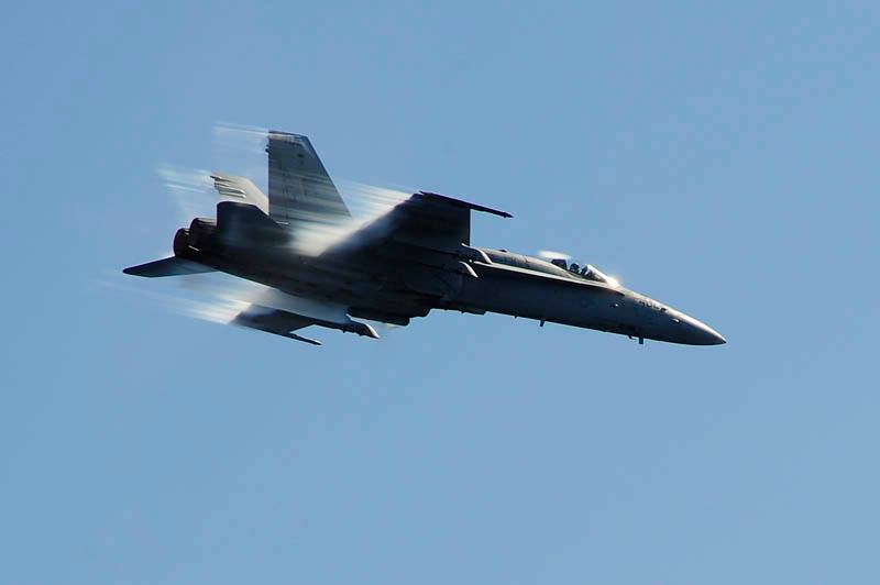 Real-life version of cartoon speed lines: An F/A-18C Hornet assigned to the Wildcats of Strike Fighter Squadron 131